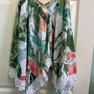 LC Conrad asymmetrical lace trim palm leaf top